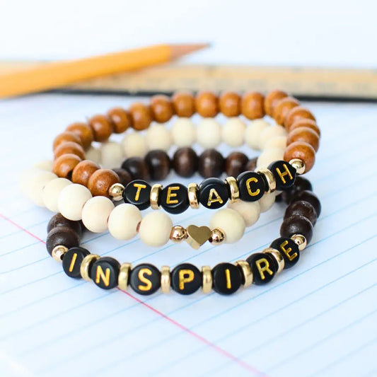 Teach Inspire Wood Bead Stretch Bracelet Heart Charm Stack