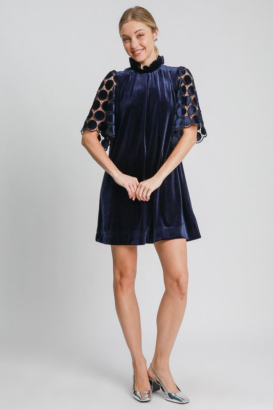 Umgee Dotted Lace Half Sleeve Mock Neck Back Tie Velvet Dress