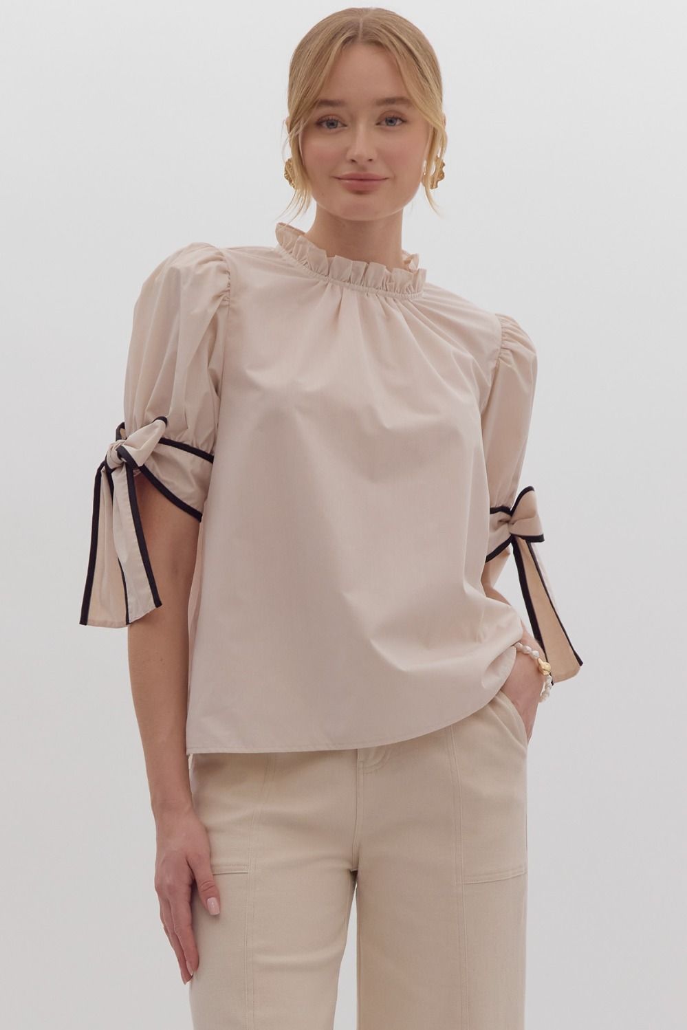 Solid Bow Tie Sleeve Blouse in Ecru